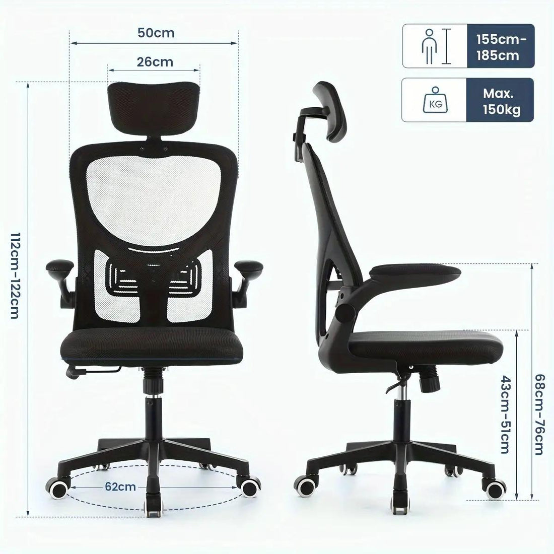 Ergonomic Office Chair, S-Shaped Mesh, Adjustable Headrest & Lumbar Support, 90 °   Flip-Up Armrests, Breathable High Back, Widened Cushion, Swivel Desk Chair For Home, Study, Office, Black & White