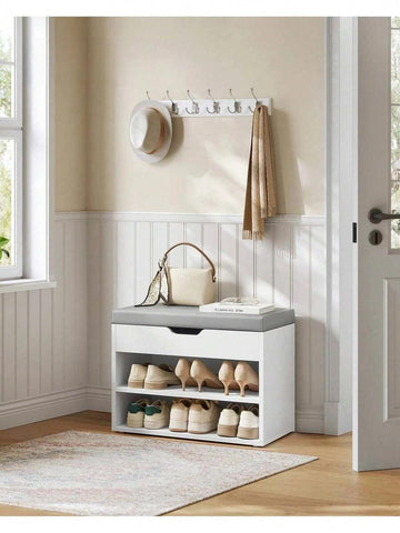 Shoe Bench With Cushion, Storage Bench With Padded Seat, Hallway Bench With 3 Compartments, 30 X 60 X 44 Cm, For Bedroom, Living Room, Cloud White