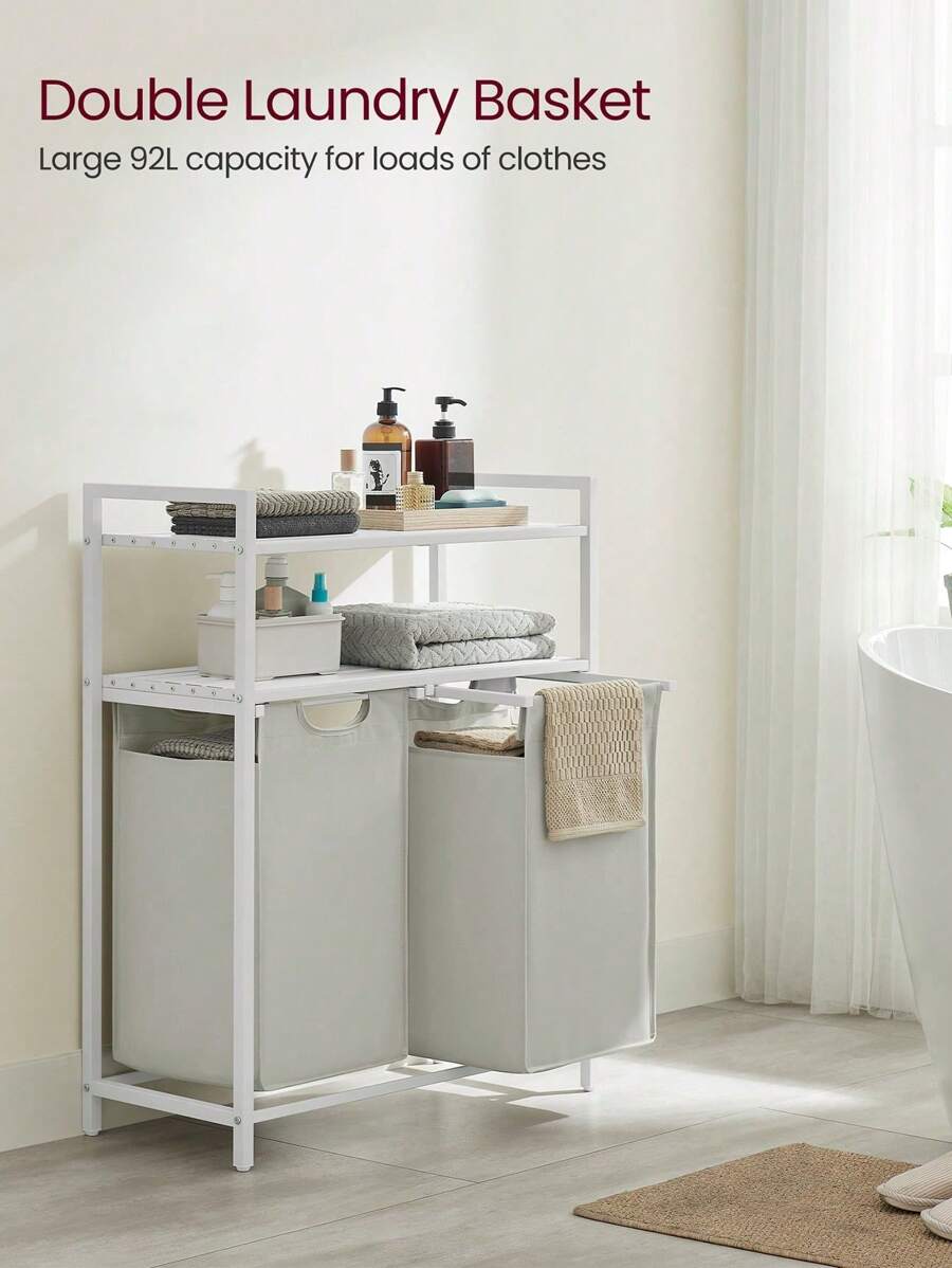Laundry Basket, Laundry Hamper, Laundry Sorter With 2 Pull-Out And Removable Bags, 2 Shelves, 46L Capacity Per Bag, For Laundry Room, White