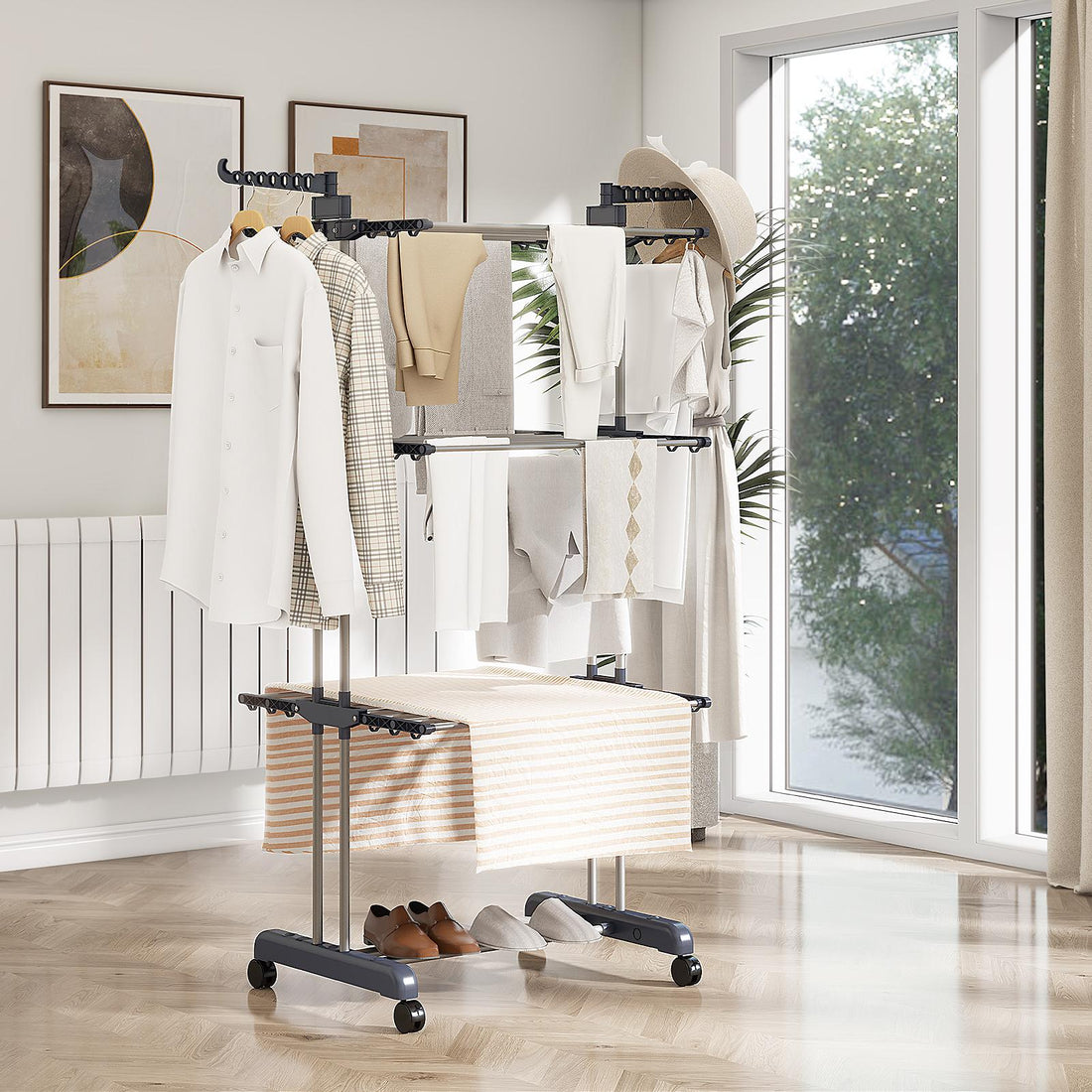 3 Tier Clothes Drying Rack Adjustable Rolling Laundry Hanger with Foldable Drying Rails Large Garment Dryer with Casters for Outdoor Indoor