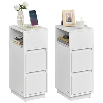 Slim Bedside Tables, Set Of 2, Small Narrow Side End Tables With 2 Drawers, 1 Open Compartment Mounted To Face Left Or Right, For Bedroom, Living Room, Ebony Black ,Natural Beige And Cloud White,Cloud White