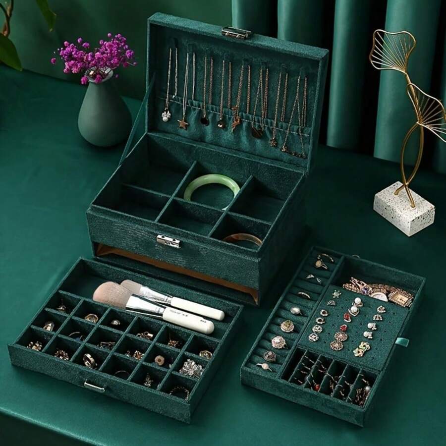 1pc Green 3-Layers Jewelry Box, Large PU Leather Finish Storage Drawer Cabinet, Jewelry, Earrings, Necklace, Bracelet, Ring, Ornaments, Adorn Article, Small Item Organizer Box Art Supplies Back To School Dormitory Storage