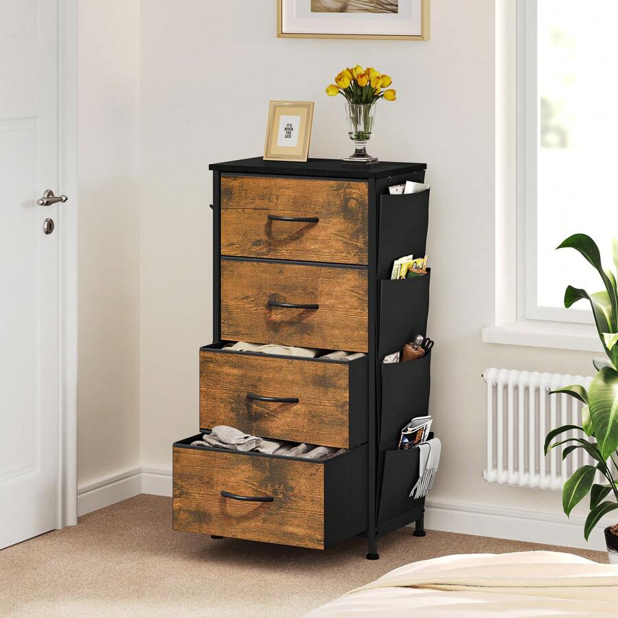 Chest Of Drawers, Dresser With Side Pockets & Hooks, Fabric 4 Drawers With Handles, Metal Frame, Wood Top, For Bedroom,Living Room,Nursery Room,Hallway