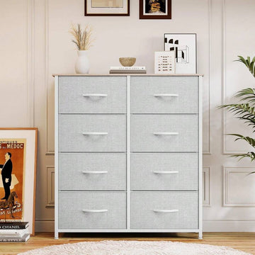 Chest Of Drawer Bedroom With 8 Drawers Storage Unit Steel Frame Wood Top Fabric Dresser For Bedroom Living Room, Nursery, Closet,Light Gray