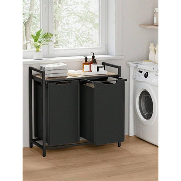 Laundry Basket, 2-Compartment Laundry Hamper, Pull-Out And Removable Laundry Bags, Laundry Sorter, Shelf, Metal Frame, 2 X 46L, 73 X 33 X 72 Cm, Black