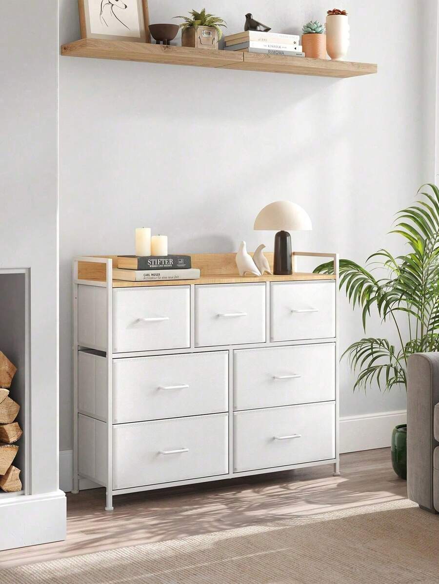 Chest Of Drawers, Bedroom Cabinet, 7 Fabric Drawers With Handles, Metal Frame, White And Oak, Cloud White And Oak Beige