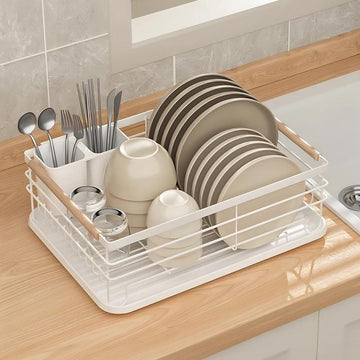 Iron Dish Drainer with Detachable Drip Tray, Wooden Handle and Ventilation System - White/Black, 43x30.5x14cm