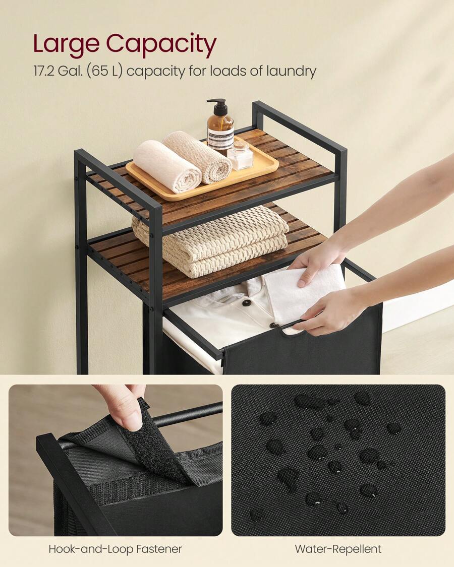 Laundry Basket, Laundry Hamper With A Pull-Out And Removable Laundry Bag, 2 Shelves, 65 L Capacity Per Bag, For Laundry Room, Rustic Brown And Black