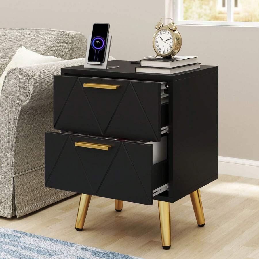 Bedside Table With 2 Drawers & Power Station, Modern Nightstand End Table With Metal Legs And Handles, 40x30x52cm