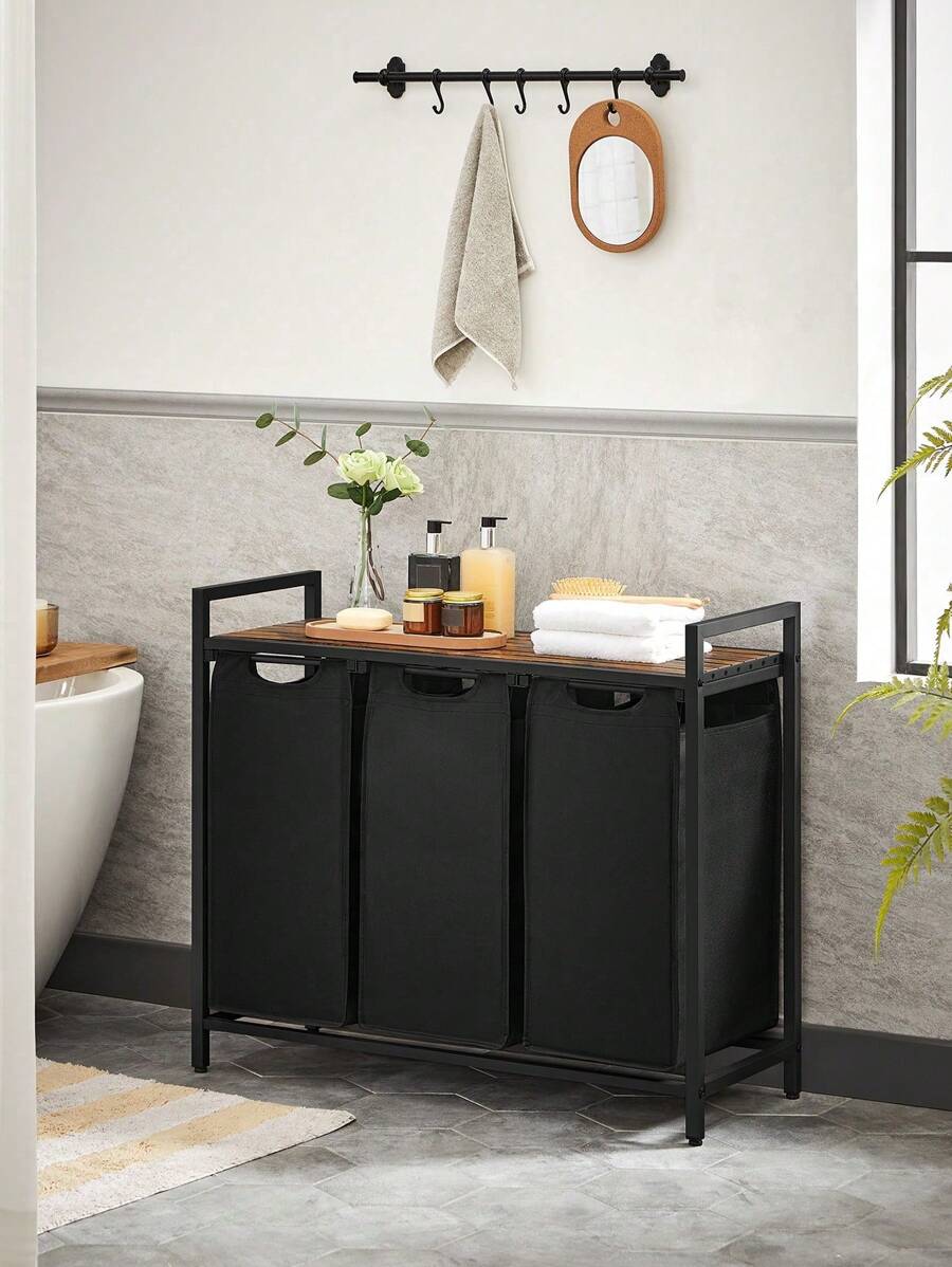 Laundry Basket, 3-Compartment Laundry Hamper, Pull-Out And Removable Laundry Bags, Laundry Sorter, Shelf, Metal Frame, 3 X 38L, 92.5 X 33 X 72 Cm, Black