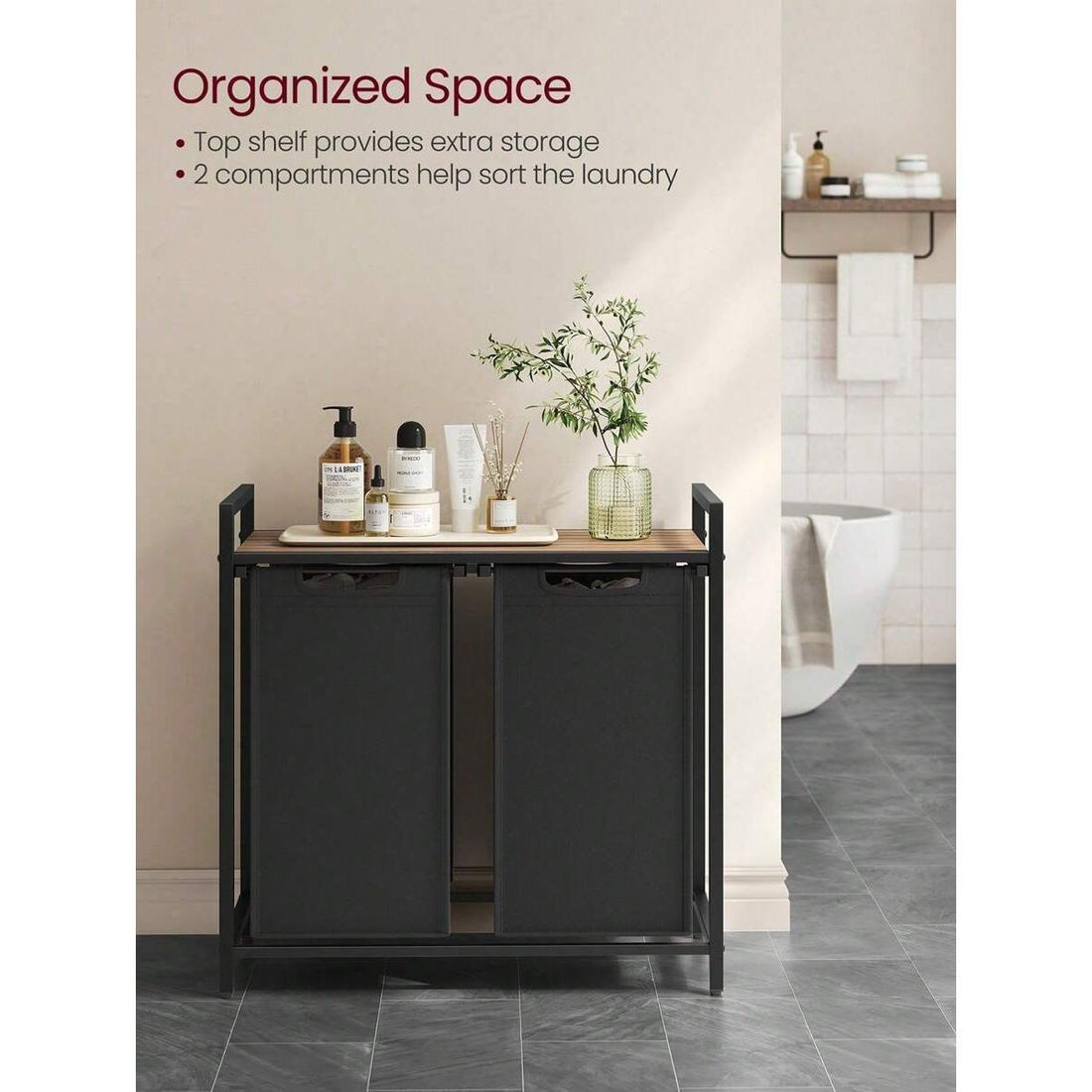 Laundry Basket, 2-Compartment Laundry Hamper, Pull-Out And Removable Laundry Bags, Laundry Sorter, Shelf, Metal Frame, 2 X 46L, 73 X 33 X 72 Cm, Black