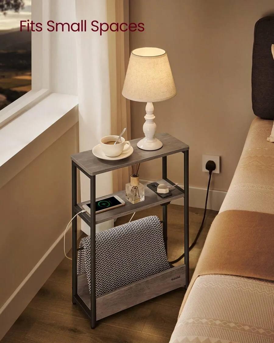 Slim Side Table With Charging Station, 3-Tier Narrow Bedside Table, End Table For Small Spaces, Magazine Rack, For Living Room, Bedroom, Study, Greige,Rustic Brown And Ink Black