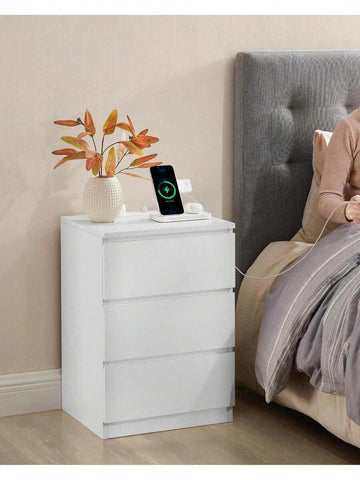 Table With Charging Station, Side End Table With 3 Drawers, 2 AC Outlets, 2 USB Ports, Bevelled Drawer Fronts, For Living Room, Bedroom, Study, Modern