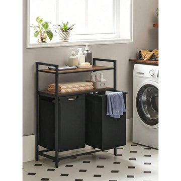 Laundry Basket, Laundry Hamper, Laundry Sorter With 2 Pull-Out And Removable Bags, 2 Shelves, 46L Capacity Per Bag, For Laundry Room, Rustic Brown And Black