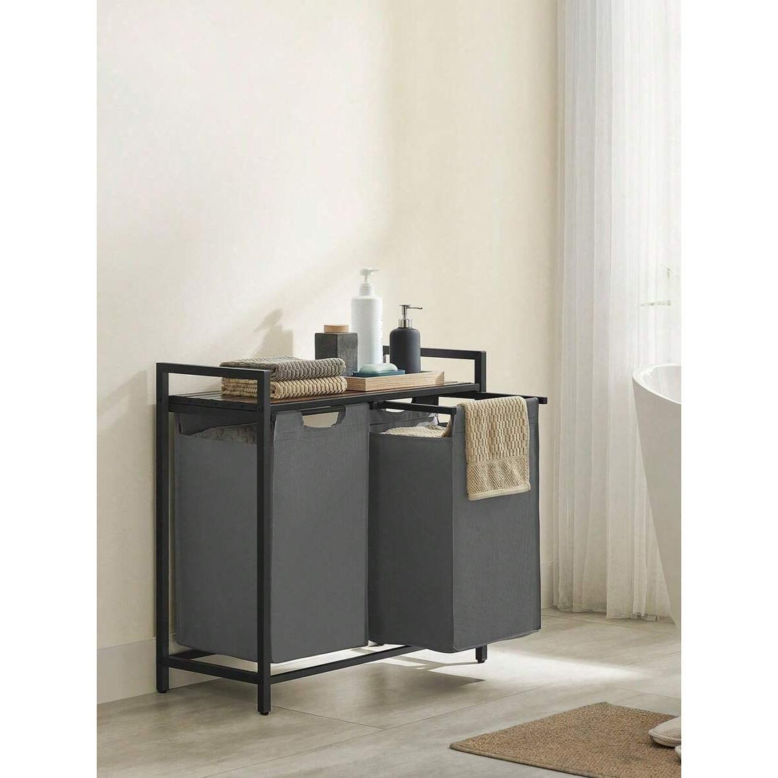 Laundry Basket, 2-Compartment Laundry Hamper, Pull-Out And Removable Laundry Bags, Laundry Sorter, Shelf, Metal Frame, 2 X 46L, 73 X 33 X 72 Cm, Rustic Brown And Grey