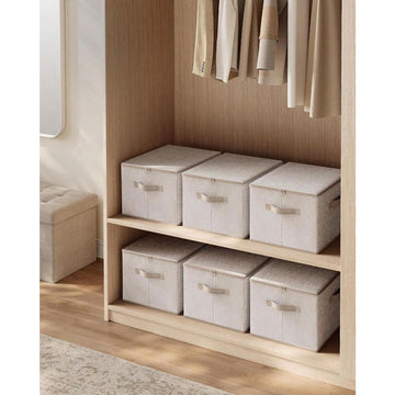 Foldable Storage Organiser Boxes, Set Of 6 Storage Basket Bins With Lids, Handles, Clothes Organiser, 40 X 30 X 25 Cm, Non-Woven Fabric, Sand Beige