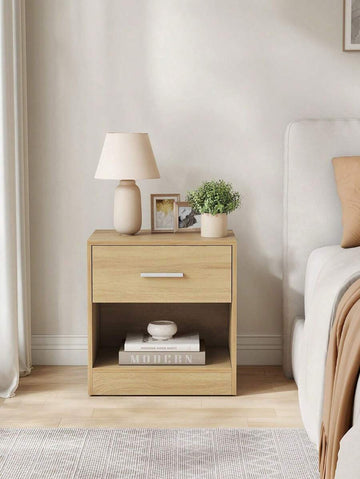 Bedside, Side With Drawer, Handle, Open Compartment, End, For Bedroom, Living Room, Natural Beige And Classic White