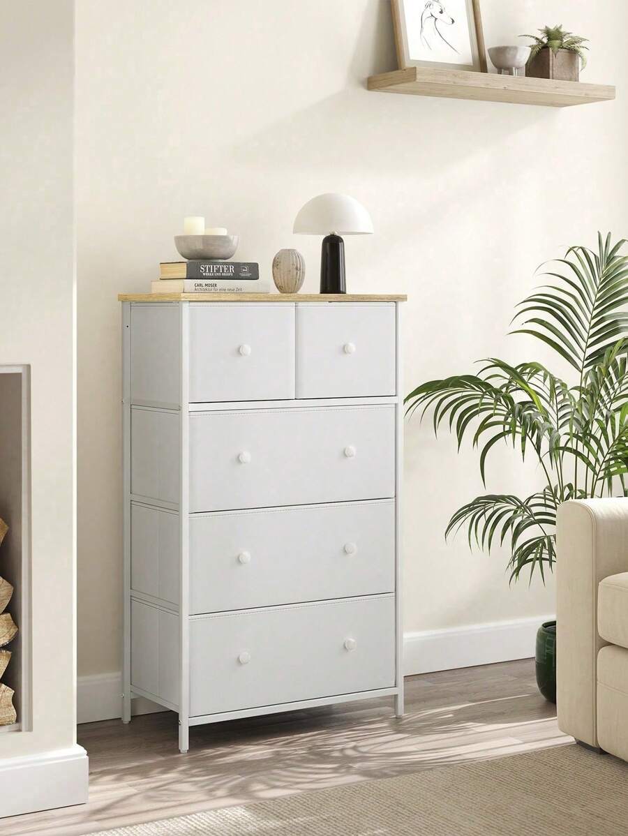 Chest Of Drawers, Fabric 5-Drawer Storage Organiser Unit, Dresser, For Living Room, Hallway, Nursery, White And Oak