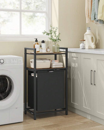 Laundry Basket, Laundry Hamper With A Pull-Out And Removable Laundry Bag, 2 Shelves, 65 L Capacity Per Bag, For Laundry Room, Rustic Brown And Black