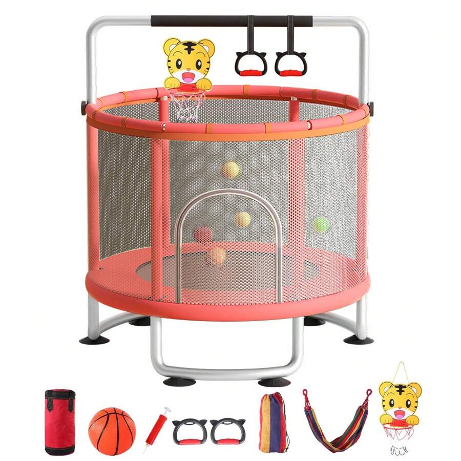 Trampoline, Adjustable Trampoline With Basketball Hoop, Swing, Sandbag, Ocean Balls, 440lbs Indoor Outdoor Trampoline With Enclosure Net
