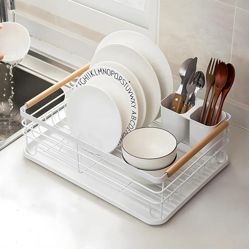 Iron Dish Drainer with Detachable Drip Tray, Wooden Handle and Ventilation System - White/Black, 43x30.5x14cm