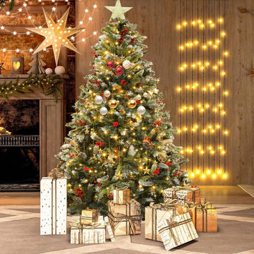 6FT Pre-Lit Frosted Pine Artificial Christmas Tree With Pine Cones& Red Berries ,Hinged Holiday Decoration Christmas Tree With 818 Branch Tips And 250 LED Lights, For Home, Office, And Party Decor