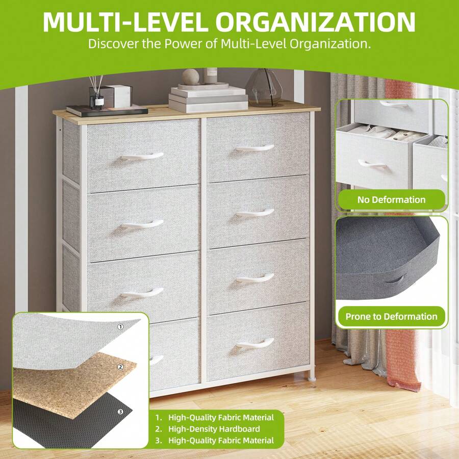 Chest Of Drawer Bedroom With 8 Drawers Storage Unit Steel Frame Wood Top Fabric Dresser For Bedroom Living Room, Nursery, Closet,Light Gray