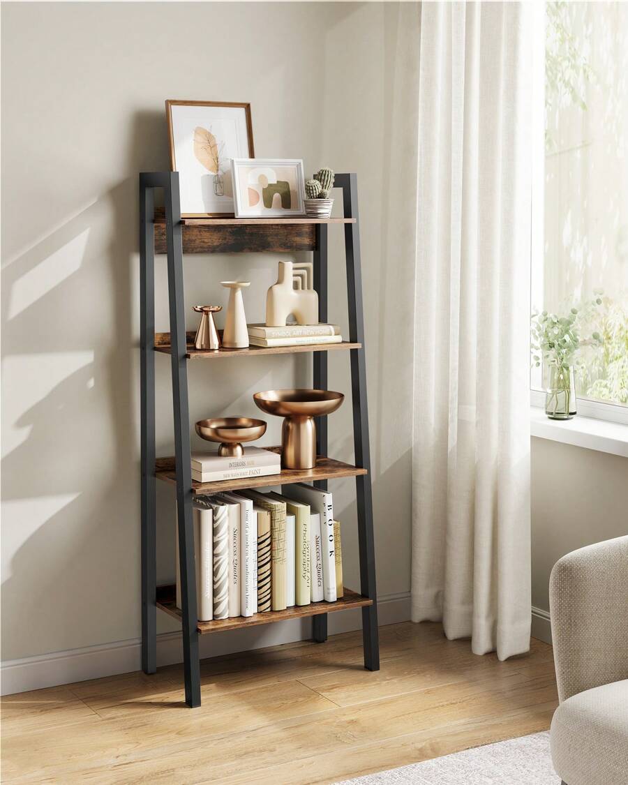 Ladder Shelf, Bookcase With 4 Levels, Standing Storage Unit, Office, Living Room, Bedroom, Kitchen, Industrial Style, Rustic Brown And Black