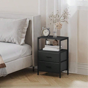 Set Of 2 Bedside Table, Side End Table With 2 Fabric Storage Drawers, Bedside Cabinet With Open Storage Shelf, Nightstand For Bedroom, Livingroom, Office,Black