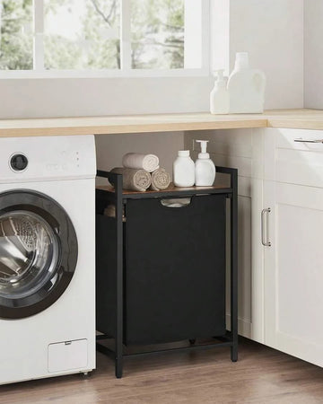 Laundry Basket, 1-Compartment Laundry Hamper, Pull-Out And Removable Laundry Bag, Shelf, Metal Frame, 65L, 50 X 33 X 72 Cm, Black & Chocolate Brown,White