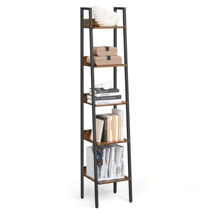 Ladder Shelf, 5-Tier Narrow Shelf, Bookshelf For Home Office, Living Room, Bedroom, Kitchen, Industrial, Rustic Brown And Black