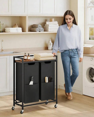Laundry Hamper, 110 L Laundry Basket Cart With 2 Compartments, Storage Shelf, Wheels, Ink Black And Rustic Brown