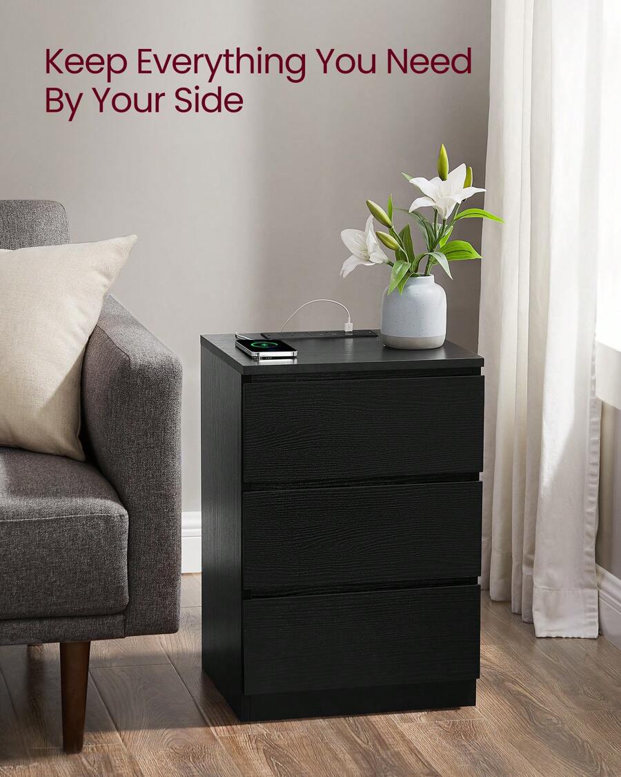 Bedside Table With Charging Station, Side End Table With 3 Drawers, 2 AC Outlets, 2 USB Ports, Bevelled Drawer Fronts, For Living Room, Bedroom, Study, Modern