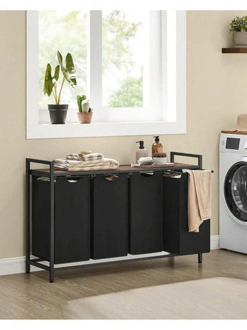 Laundry Basket, 4-Compartment Laundry Hamper, Pull-Out And Removable Laundry Bags, Laundry Sorter, Shelf, Metal Frame, 4 X 40L, 116 X 33 X 72 Cm, Rustic Brown And Black