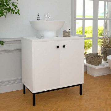 White Bathroom Sink Cabinet Under Basin Unit Cupboard 2 Door Storage - High Gloss