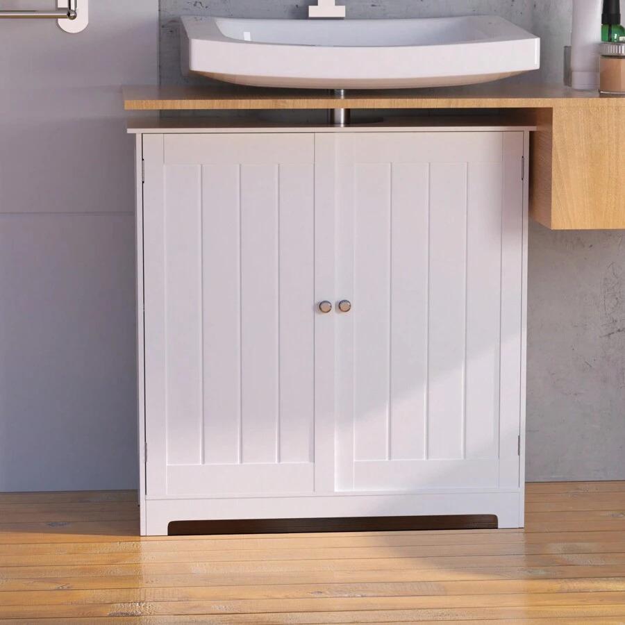 Lucn Modern Style Kitchen / Bathroom Under Sink Cabinet Washroom Sink Storage Unit Floor Free Standing Cupboard Restroom Basin Cupboard With Shelf, Simple White With Carved Lines, Waterprof And Moisture-Proof, U-Shaped Opening Design, MDF Boards, Adjustab