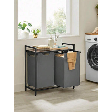 Laundry Basket, 2-Compartment Laundry Hamper, Pull-Out And Removable Laundry Bags, Laundry Sorter, Shelf, Metal Frame, 2 X 46L, 73 X 33 X 72 Cm, Rustic Brown And Grey