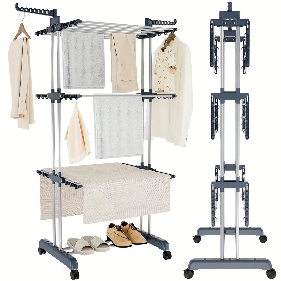4-Tier Adjustable Rolling Clothes Drying Rack - Foldable Stainless Steel Laundry Hanger with Casters for Indoor & Outdoor Use, Large Capacity Garment Dryer, Drying Racks