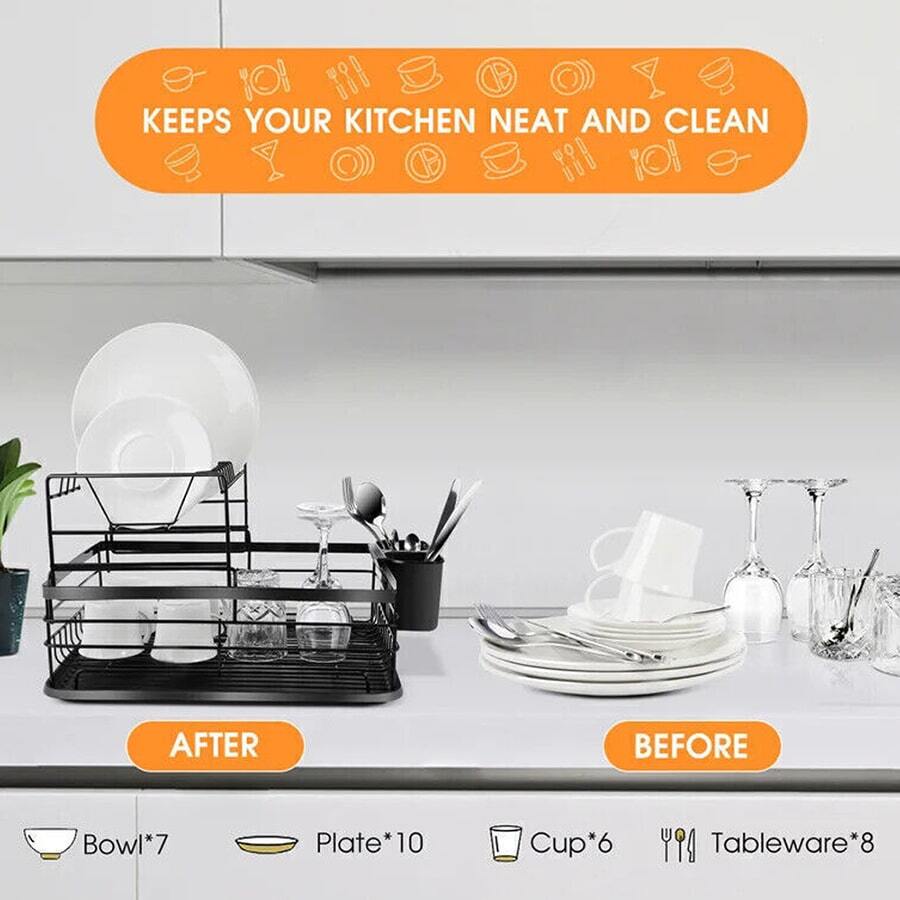 Large Kitchen Sink Dish Drainer Rack With Drip Tray And Plate Cutlery Holder UK