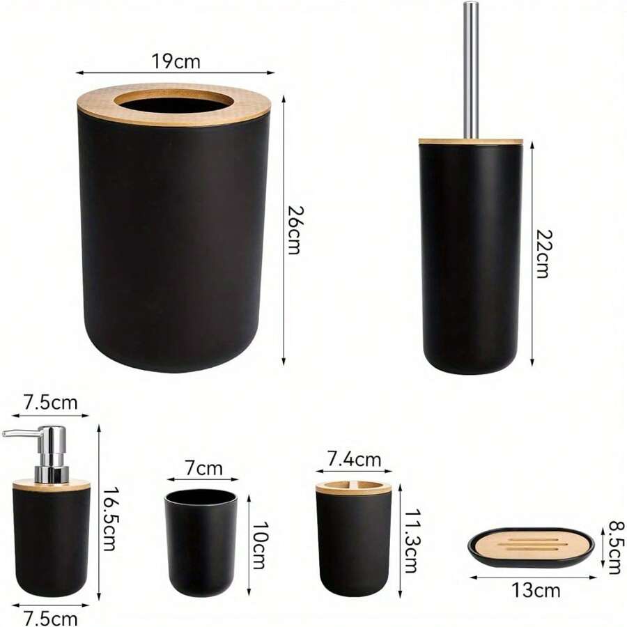 6 Pieces Bathroom Accessories- Bathroom Bin And Toilet Brush Set- Durable Toothbrush Holder Cup- Soap Dispenser With Pump- Soap Dish Holder- Modern Trash Can (Black)