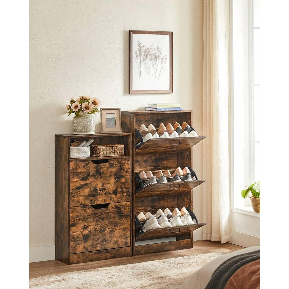 Shoe Cabinet 2 Flip Doors, 3 Tier Shoe Rack, With 1 Open Compartment, Adjustable And Removable Divider, For 8-12 Pairs Shoes, For Narrow Entrance, 24 X 60 X 102 Cm, Rustic Brown
