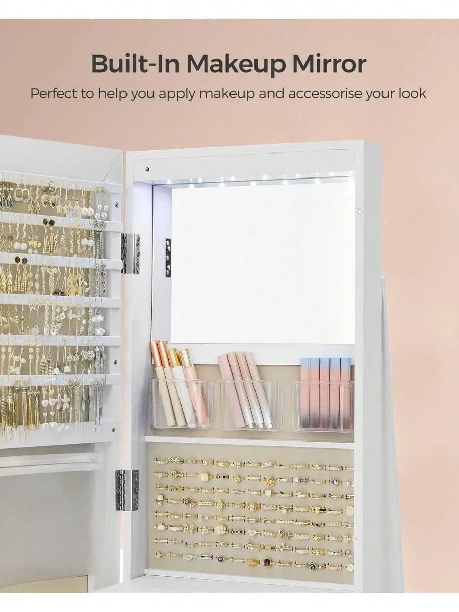 6 LEDs Mirror Jewellery Cabinet, 360 °   Swivel Jewellery Storage Organiser, Lockable, Free-Standing Frameless Full-Length Mirror With Storage Valentine's Day, White Surface, Black Lining Back To School Dormitory Storage