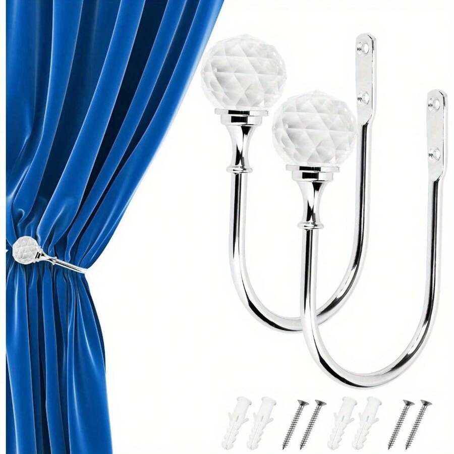 2Pack Crystal Curtain Holdback Hook Metal Crystal Ball U-Form Wall Mounted Curtain Tie Backs Hooks Decorative Drapery Holdbacks For Window Curtains Shower Curtains Towels With Screws