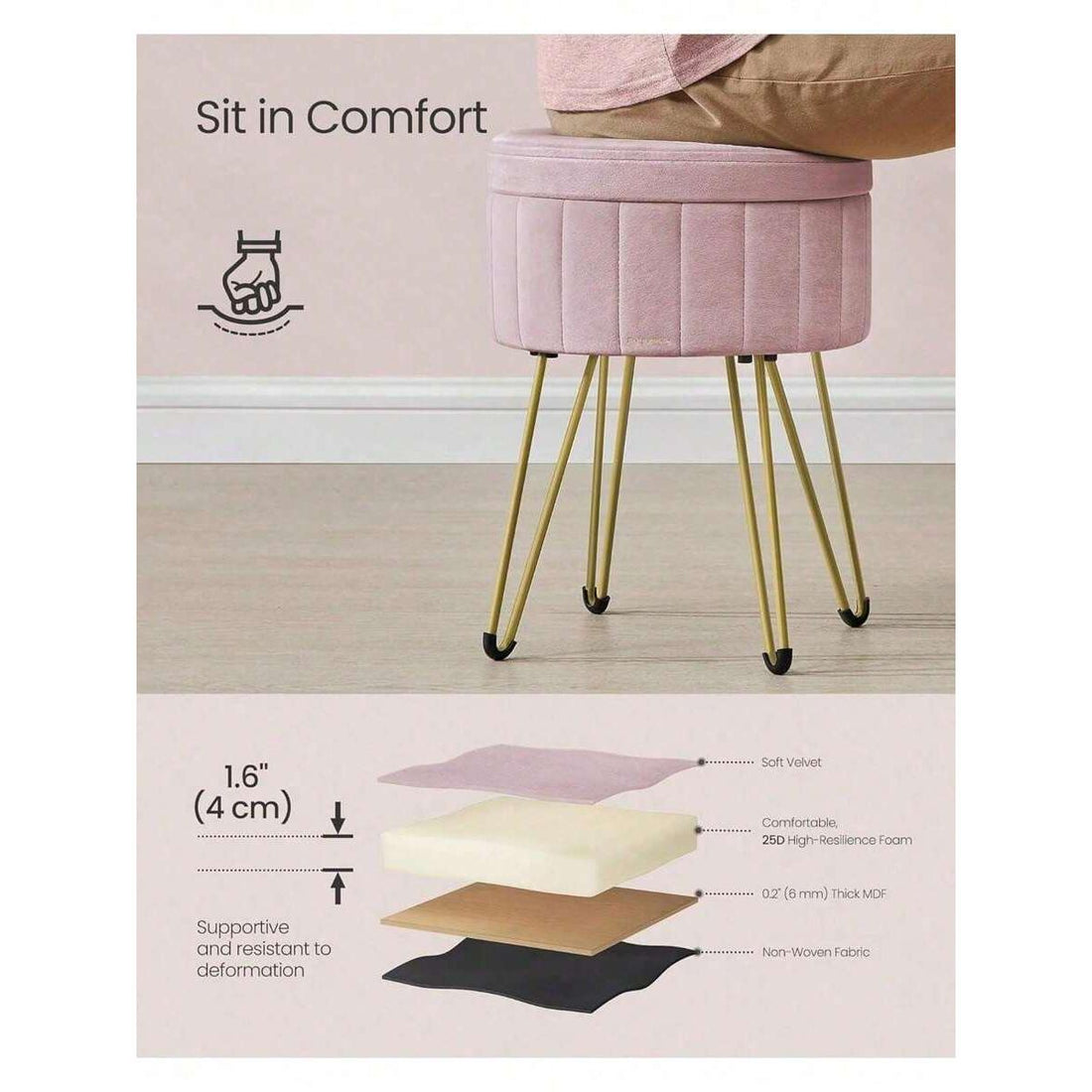 Storage Ottoman, Velvet Dressing Table Stool, 39 X 44.4 Cm (Dia. X H), Round Storage Stool Seat, 4 Metal Legs, For Dressing Room, Living Room, Bedroom, Jelly Pink Back To School Dormitory Storage