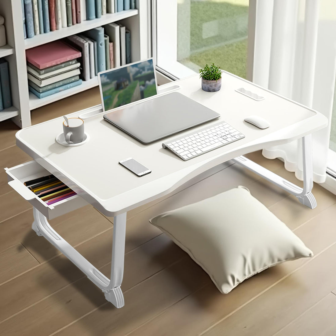 Portable Laptop Desk Bed Table with Handle - Adjustable Height, Side Drawer & Cup Slot, Ergonomic Notebook Stand for Bed, Sofa, Travel - Lightweight Sturdy Design with Storage Shelf-like Top - Ideal for Working, Eating, Reading (Black, Red, White, Blue) -