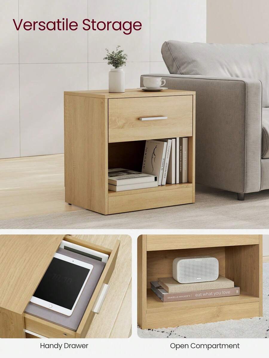 Bedside, Side With Drawer, Handle, Open Compartment, End, For Bedroom, Living Room, Natural Beige And Classic White